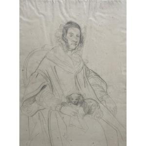 Eugène Devéria (1805-1865) Portrait Of A Lady Of Quality With A Small Dog, Drawing