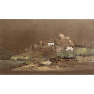 French School, 19th Century, Landscape With A Citadel, Watercolor And Ink On Paper