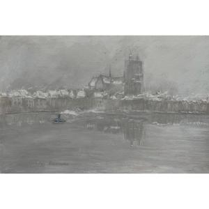 Siebe Johannes Ten Cate (1858-1908) Dordrecht Under The Snow, Signed Pastel