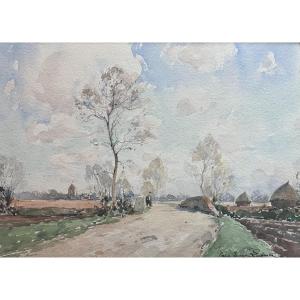Paul Emile Lecomte (1877-1950) A Walker On A Country Road, Signed Watercolor