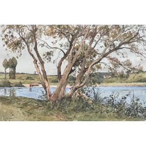 Paul Lecomte (1842-1920) The Tree By The River, Signed Watercolor