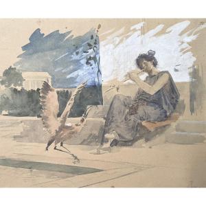 Symbolist School, The Young Flautist And The Bird, Watercolor