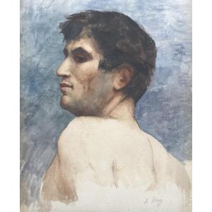 20th Century French School, Bust Of Man Seen From Behind,s, Watercolor Signed