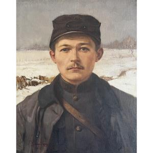 Fernand Gaudfroy (1885-1964) Portrait d'Un Soldat En Hiver, 1919, Oil On Canvas, Signed