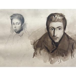French Romantic School, Portraits Of Young Men, Double-sided Drawing