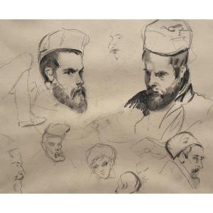 French Romantic School, Portraits Of Young Men And Other Studies, Drawing