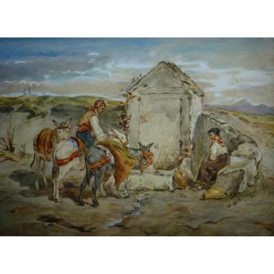 French School Of The Nineteenth Anier At La Fontaine, Watercolor