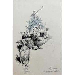 Gustave Fraipont (1849-1923) A Peasant Woman With Her Flock Of Turkeys, Drawing