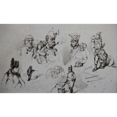 Edouard Chevret (1835-1864) Napoleon And His Grognards, Studies Ink On Paper