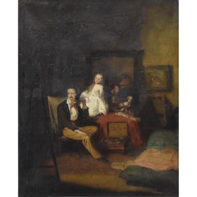 P Deltour (?) French School Of The XIX ° A Painter And His Model In The Workshop Oil On Canvas