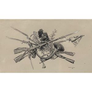 Edouard Detaille (1848-1912) Trophée d'Armes, 1885 Signed Pen Drawing