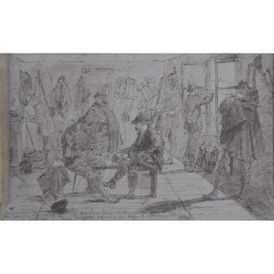 French School XIX °, Cantonment Of Soldiers, Episode Of The War Of 1870, Pen And Ink