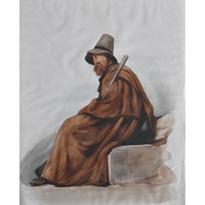 French School 19th Century, An Italian Bandit, 1864, Watercolor
