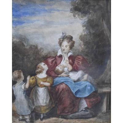 Attributed To Eugène Devéria (1805-1865) The Happy Family, Framed Watercolor