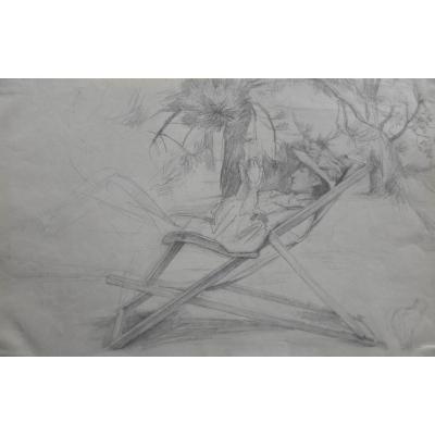 French School Beginning Of The 20th Century, A Woman In A Deckchair, Pencil On Paper