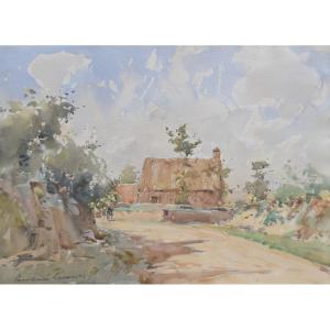 Paul Emile Lecomte (1877-1950) A Thatched Cottage Landscape, Signed Watercolor