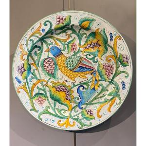 Large Decorative Earthenware Dish With Bird Design, 25,7 Inch, Italy.