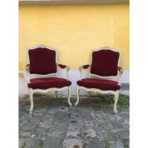 Two Louis XV Style Armchairs In Lacquered Wood. 