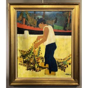 Oil On Canvas Of A Fisherman Signed Aliotti. 