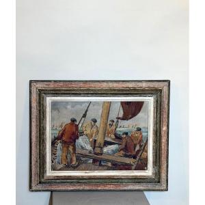 Oil On Canvas Depicting Fishermen By Mg Hué. 