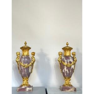 Pair Of Marble And Gilt Bronze Cassolette From The 1880's.