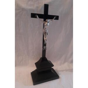 Crucifix Christ Ebony And Silver 19th Century Period