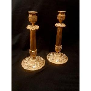 Pair Of Gilt Bronze Candlesticks, Restoration Period, 19th Century