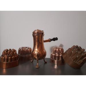 4 Antique Copper Cake Molds, Brassware, 1 Chocolate Maker