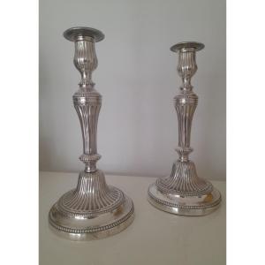 Pair Of Louis XVI Period Candlesticks In Silver-plated Bronze, 18th Century