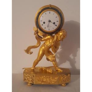 Cupid Eros Clock, Empire Period, Gilt Bronze, 19th Century 