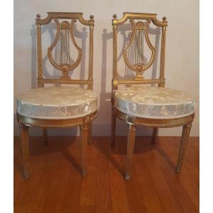 Pair Of Lyre Chairs, Louis XVI Period, 16th Century, 18th Century, Gilded Wood 