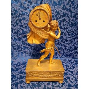 Eros Cupid Clock In Gilt Bronze, Empire Restoration Period