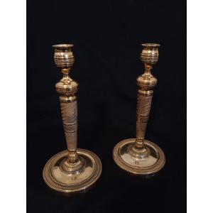 Pair Of Gilt Bronze Candlesticks, Restoration Period 