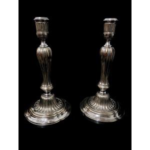 Pair Of Silvered Bronze Candlesticks, Louis XVI Period, 16th/18th Century