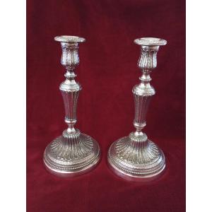 Pair Of Silvered Bronze Candlesticks, Louis XVI Period, 16 Candlesticks, 18th Century
