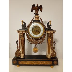 Empire Period Portico Clock, Egyptian Revival Style, Armingaud, Hieroglyphs, Gilt Bronze 