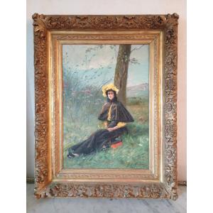 Gaston De Monnecove Painting Portrait Of Elegant Belle Epoque Fashion Painting Late 19th Century