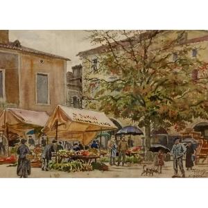 Watercolor Ernest Jean Marie Millard De Bois Durand Painting Market Day In Castillonnes