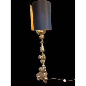 Embossed Copper Candlestick Mounted As A Lamp With Its Shade.