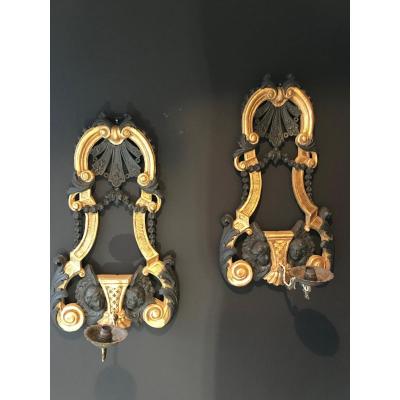 Pair Of Golden Wood Sconces