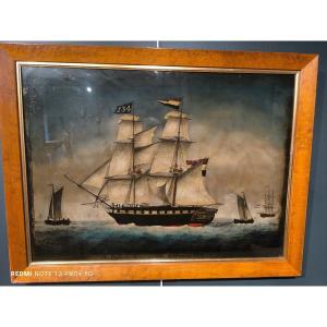 Important Fixed Under Glass From The XIX Th Century Representing  A Dutch Ship