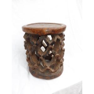 Dignitary Stool, Bamileke, Cameroon. Heavy Wood With Inlaid Old Patina, 30x27x39  Cm Spiders 