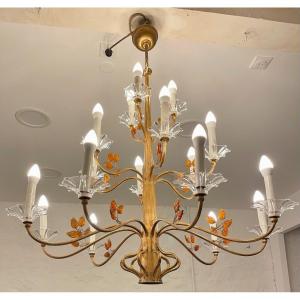 In The Spirit Of Maison Baguès Important Design Chandelier 18 Lights Gold Metal Leaves