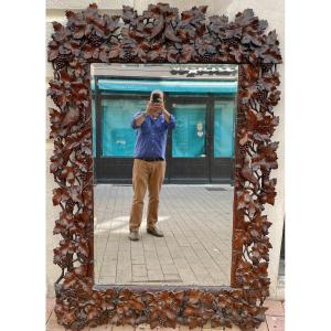Important Black Forest Mirror With Walnut Frame Carved With Vines, Vine Leaves, 171 X 120  Cm 