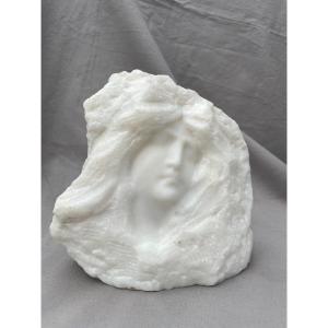 Symbolist School Late 19th Century Direct Cut Marble Head Of A Dreaming Woman Titled "tessa" 16.5 X 18cm 