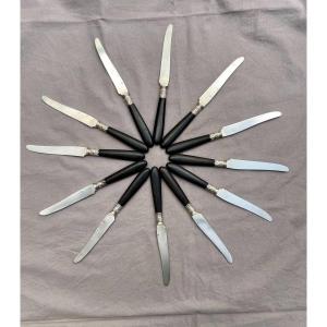 Paul Canaux (& Cie) Box Of 12 Dessert Fruit Knives, Solid Silver Blades, Ebony Handles 
