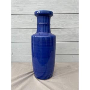 China 19th Qing Dynasty Monochrome Powdered Blue Porcelain Roller Vase  44 Cm Double Circle