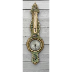 Castoldy l' Ainé Barometer Thermometer Wood Carved With Flowers On A Green Background 18th Century Louis XVI 