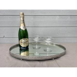 Oval Centerpiece With Mirrored Background Openwork Gallery Silver Metal 50.5 X 32 Cm