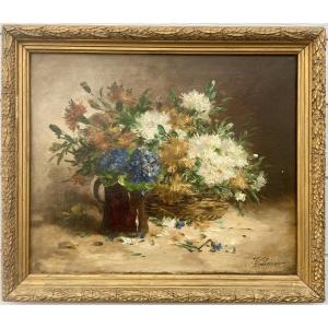 Eugène Henri Cauchois 1850-1911 Under The Pseudonym Of Valmon Still Life Flowers Oil 38x46 Cm